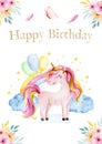 Hand drawn greeting card white cute watercolor unicorn and rainbow clipart. Nursery unicorns illustration. Princess Royalty Free Stock Photo