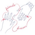 Two hands connected by the red string with words Friends Forever.