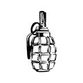 Hand drawn grenade, ink drawing sketch weapon vector, black isolated bomb illustration on white background. Military design