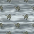 Hand drawn grey dragon silhouettes seamless pattern. Striped background with whiye and blue lines