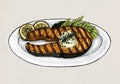 Hand drawn grilled fish steak Royalty Free Stock Photo