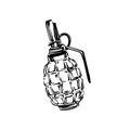 Hand drawn grunge grenade, ink drawing sketch weapon vector, black isolated bomb illustration on white background. Military design Royalty Free Stock Photo