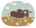 Hand drawn grunge illustration of cute gnu on background with fl