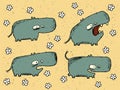 Hand drawn grunge illustration set of four cute hippos on background with flowers Royalty Free Stock Photo