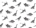 Hand drawn grunge seamless pattern with dinosaur silhouettes. Black and white dino vector background, fashion print for textile or Royalty Free Stock Photo