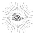 Hand-drawn grunge sketch Eye of Providence. Masonic symbol. All seeing eye. New World Order. Conspiracy theory. Alchemy, religion, Royalty Free Stock Photo