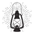 Hand-drawn grunge sketch vintage oil lantern or kerosene lamp with rays of light. Vector illustration. T-shirt print or poster des