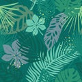 Hand drawn grunge textured tropical leaves seamless pattern. Tropical leaf silhouette elements background. Fan palm, monstera, Royalty Free Stock Photo