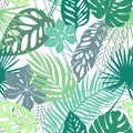 Hand drawn grunge textured tropical leaves seamless pattern. Tropical leaf silhouette elements background. Fan palm Royalty Free Stock Photo