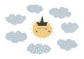 Hand drawn grunge vector illustration in scandinavian style with ornamental clouds and sun with crown Royalty Free Stock Photo