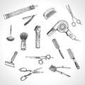 Hand drawn hairdressers professional tools. Barber Stylist Tools set Royalty Free Stock Photo