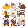 Hand drawn halloween black cats set wearing different holiday costumes. Cute pooky pets. Collection of witch, mummy Royalty Free Stock Photo