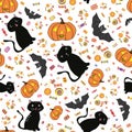 Hand drawn Halloween cats, bats, pumpkins and candy treats. Lively seamless vector pattern on subtle spiderweb white Royalty Free Stock Photo