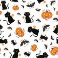 Hand drawn Halloween design with cats, bats, pumpkins and candy treats. Fun seamless vector pattern on subtle spiderweb Royalty Free Stock Photo