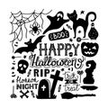 Hand drawn Halloween doodles print with lettering, pumpkin, bat, cat, ghost and other elements.