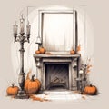 Hand Drawn Halloween Fireplace With Pumpkins - Realistic Landscape Style