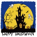 Hand-drawn Halloween illustration of a haunted house and full moon, bats and ghosts Royalty Free Stock Photo