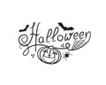 Hand-drawn Halloween logo with bats and pumpkin in doodle style Royalty Free Stock Photo