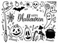 Hand drawn Halloween party elements. Halloween doodles. Set of Halloween pumpkins, witch hat, bat, ghosts, skull, sweets