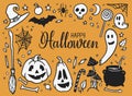 Hand drawn Halloween party elements. Halloween doodles. Set of Halloween pumpkins, witch hat, bat, ghosts, skull, sweets Royalty Free Stock Photo