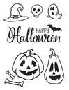 Hand drawn Halloween party elements. Halloween doodles. Set of Halloween pumpkins, witch hat, bat, ghosts, skull, sweets Royalty Free Stock Photo