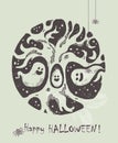 Hand drawn Halloween poster with cute Halloween tree and ghosts.