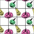 Hand drawn Halloween pumpkins lanterns with spooky faces, seamless vector pattern of bright colors on white checkered background Royalty Free Stock Photo