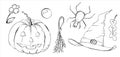 Hand drawn Halloween set illustration, engraving, ink, line art, vector Royalty Free Stock Photo