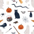 Hand drawn Halloween symbol seamless pattern. Colorful broom, ghost, pumpkin, cat, candy, knife, spider, crow, candle Royalty Free Stock Photo