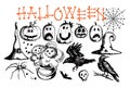 Hand drawn Halloween traditional symbols. Doodle style illustrations carved pumpkin, spider web, raven, bat, witch hat Royalty Free Stock Photo