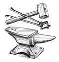 Hand drawn hammer, tongs and anvil. Blacksmith work, ironwork concept. Blacksmithing vintage sketch vector illustration Royalty Free Stock Photo