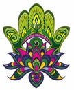 Vector hand drawn hamsa with ethnic ornaments.Lotus symbol