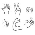 Hand drawn Hand Emojis Gestures Vector Icons Set. Biceps, fist, folded hands, victory. doodle Royalty Free Stock Photo