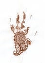 Hand drawn hand with mehndi. Tribal ethnic floral doodle pattern with bird with henna