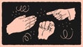 Hand-drawn hands, retro style. Popular gestures pointing with a finger, clenched into a fist, open palm