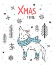 Hand drawn handwritten winter xmas time greeting card with cute cartoon wolf in the forest wearing christmas santa claus hat