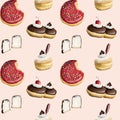 Hand drawn Hanukkah seamless pattern with traditional pastry. Jewish hanuka sufganiyot, chocolate coated marshmallow