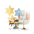 Hand drawn Hanukkah symbols composition with stars of David. Jewish Chanukah menorah, donuts, dreidel, Magen David