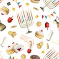 Hand drawn Hanukkah watercolor seamless pattern on white with traditional symbols, food and bakery. Jewish holiday donut