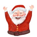 Hand drawn happy cartoon santa claus rejoices raising his hands up. bright color drawing, illustration christmas