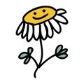 Hand drawn happy chamomile flower in simple doodle style. Perfect for tee, stickers, poster, card. Isolated vector illustration