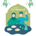 Hand drawn happy family celebrating Eid Mubarak with snack and beverages vector stock