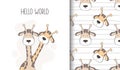 Hand drawn happy giraffe seamless pattern and greeting card.