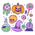 Hand drawn happy Halloween elements icon set full color Royalty Free Stock Photo