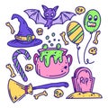 Hand drawn happy Halloween elements set full color Royalty Free Stock Photo