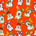 Hand drawn happy rabbit multi expression, funny bunny sing song cartoon seamless pattern with orange background