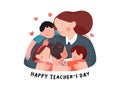 Hand drawn Happy teacher`s day poster background concept.Kids student giving hug and flower to her teacher. vector flat