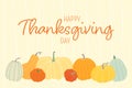 Hand drawn Happy Thanksgiving banner. Celebration text with different pumpkins for postcard, label, poster