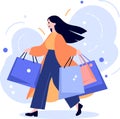 Hand Drawn happy Woman holding shopping bags and walking in shopping mall in flat style Royalty Free Stock Photo