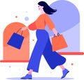 Hand Drawn happy Woman holding shopping bags and walking in shopping mall in flat style Royalty Free Stock Photo